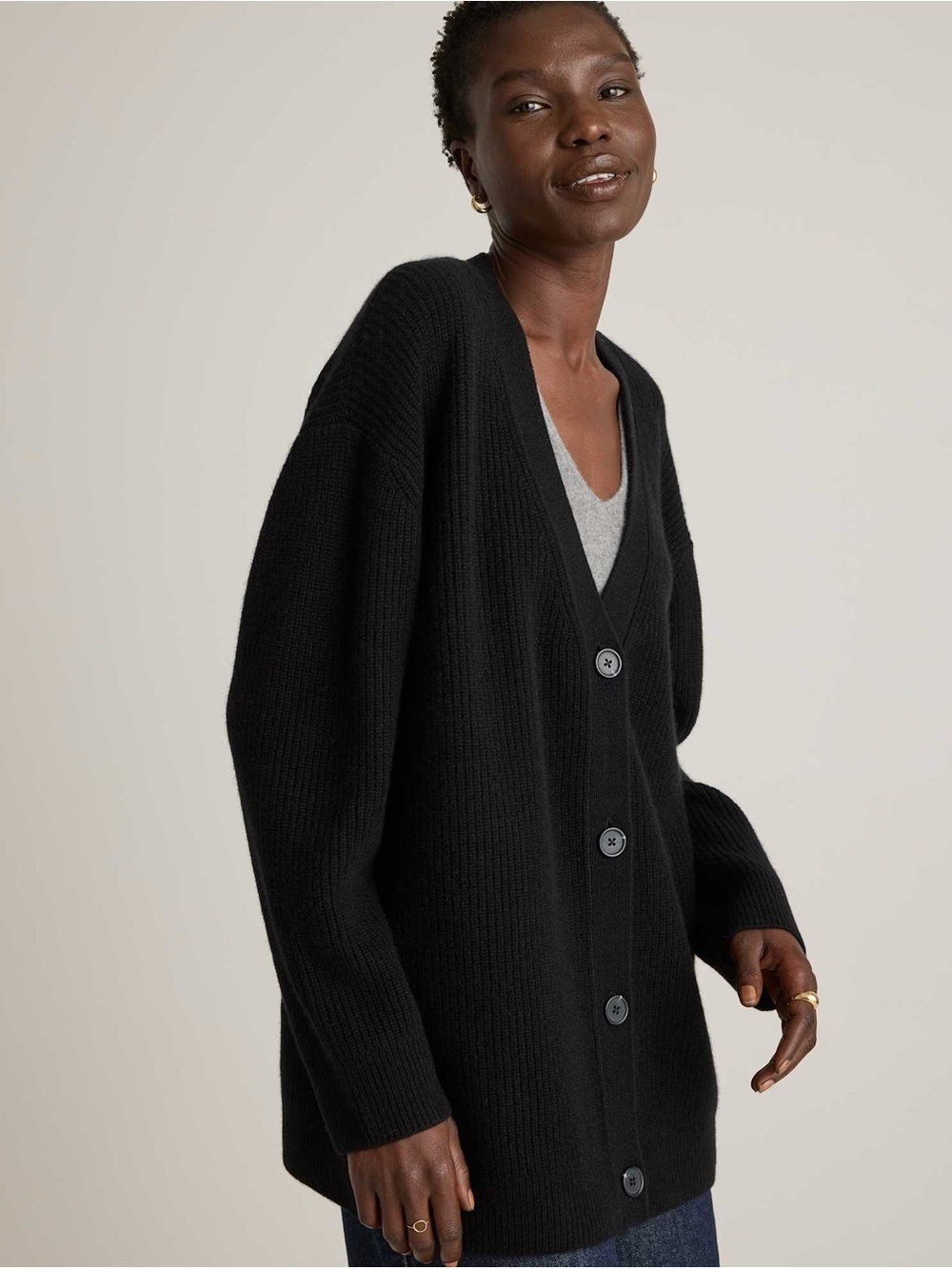 Quince Black V-Neck Button Cardigan
